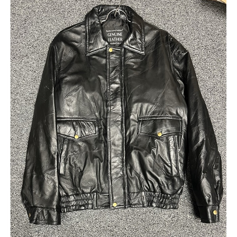 Vintage Napoline Leather Jacket Mens Large Black Patchwork Bomber Jacket